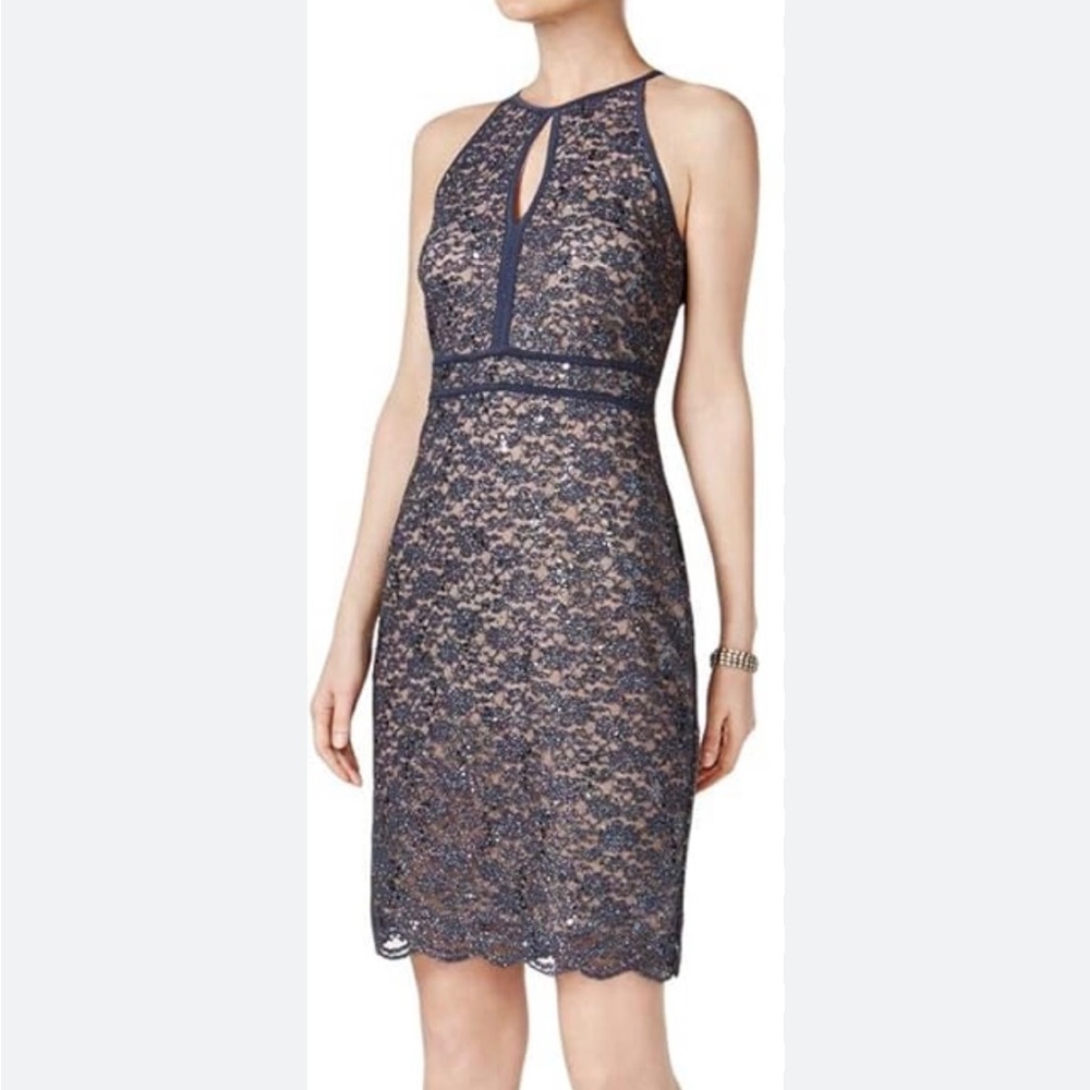 NW Blue sequined cocktail dress. Nude lining size 10
